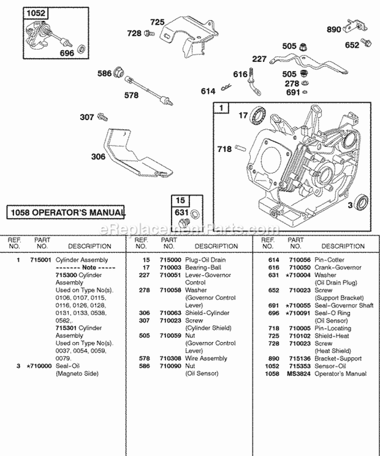 Cylinder Oil Sensor Diagram and Parts List for  Briggs and Stratton Engine